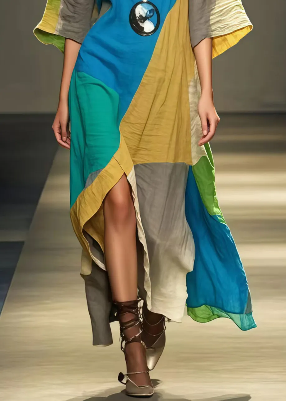 Art Polychrome Asymmetrical Patchwork Applique Cotton Long Dress Summer