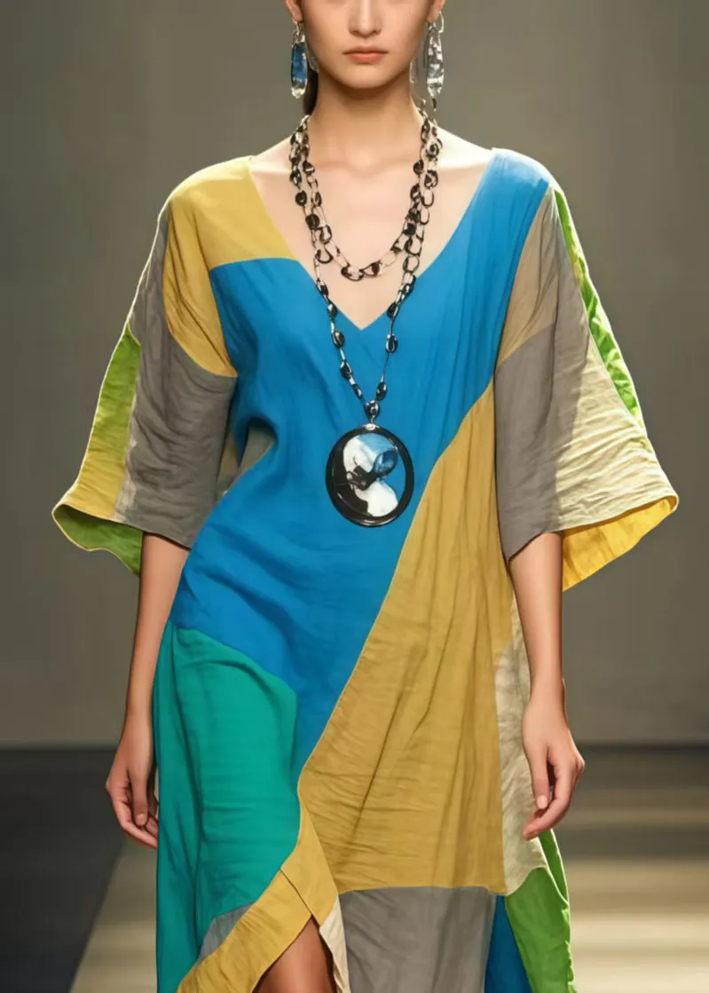 Art Polychrome Asymmetrical Patchwork Applique Cotton Long Dress Summer