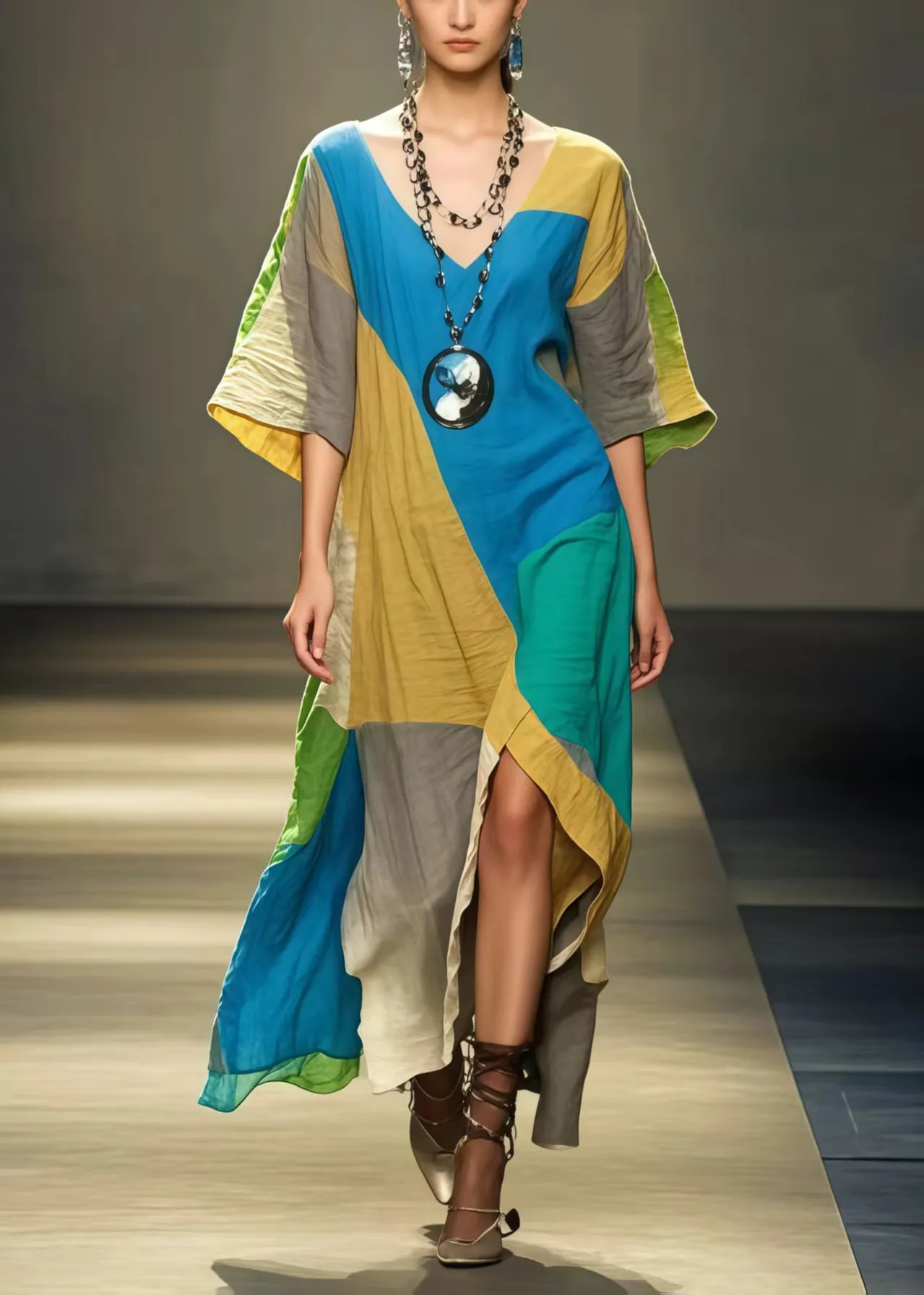 Art Polychrome Asymmetrical Patchwork Applique Cotton Long Dress Summer