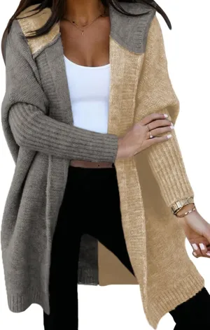Astylish Women 2025 Open Front Long Sleeve Hooded Knit Cardigan Sweaters Color Block Outwear Coats