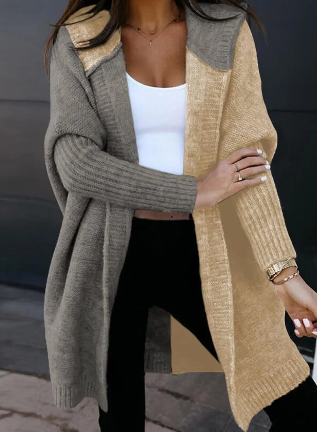 Astylish Women 2025 Open Front Long Sleeve Hooded Knit Cardigan Sweaters Color Block Outwear Coats