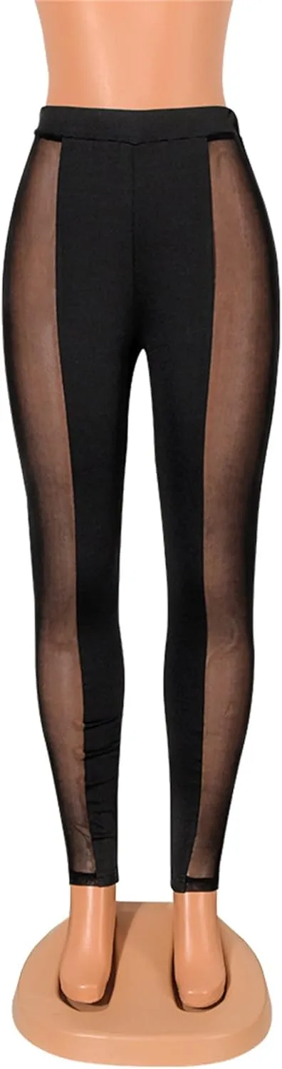 Atyfuniby Womens Leggings High Waisted - Sexy Skinny Mesh See Through Pants Party Clubwear