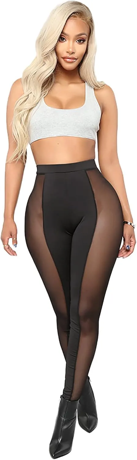 Atyfuniby Womens Leggings High Waisted - Sexy Skinny Mesh See Through Pants Party Clubwear