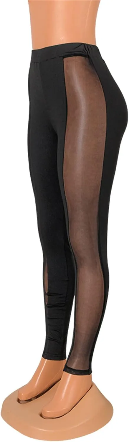 Atyfuniby Womens Leggings High Waisted - Sexy Skinny Mesh See Through Pants Party Clubwear