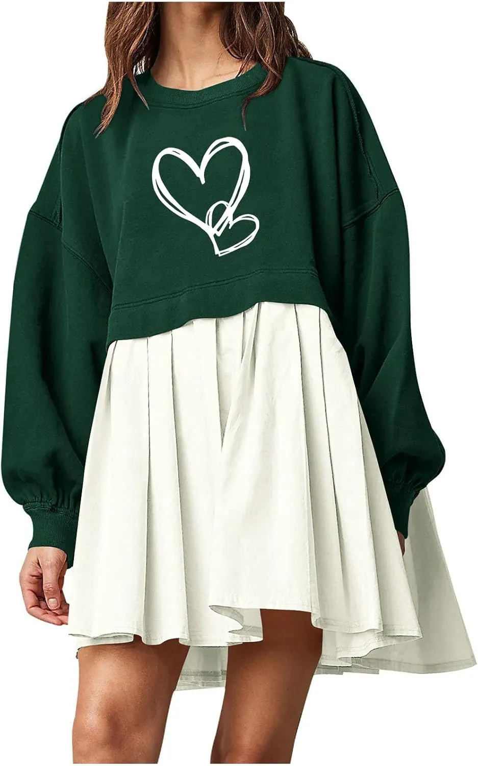 Autumn Dresses for Women 2024 Causal Long Sleeve Patchwork Crewneck Sweatshirt Dress Heart Print Graphic Tee Shirts