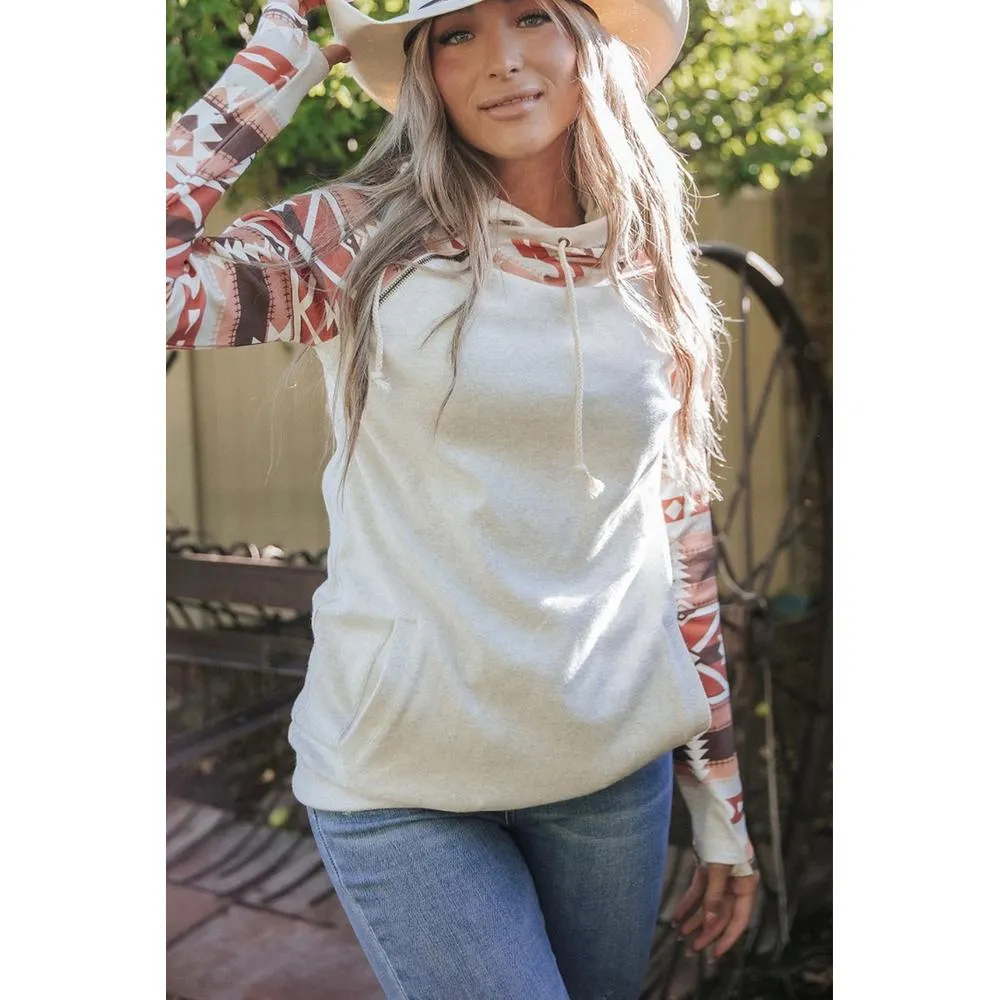 Azura Exchange Western Aztec Print Patchwork Double 	Hood Hoodie
