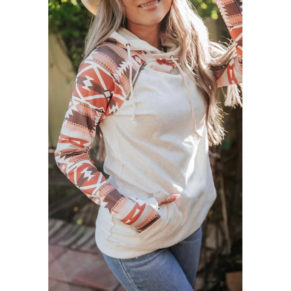 Azura Exchange Western Aztec Print Patchwork Double 	Hood Hoodie