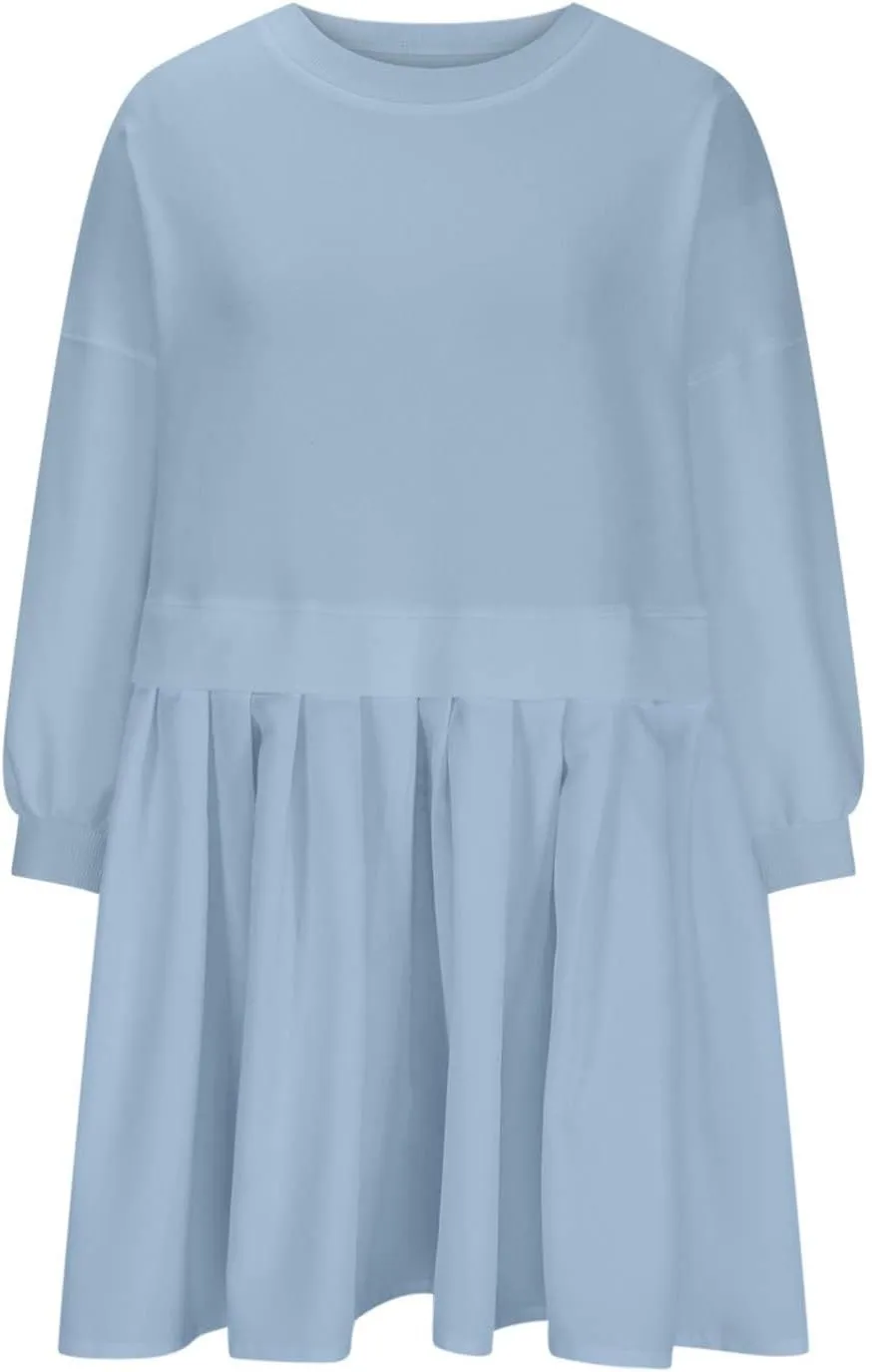Babydoll Dresses Fall 2024 Long Sleeve Pleated A Line Swing Patchwork Lightweight Dress Crewneck Casual Mini Dresses