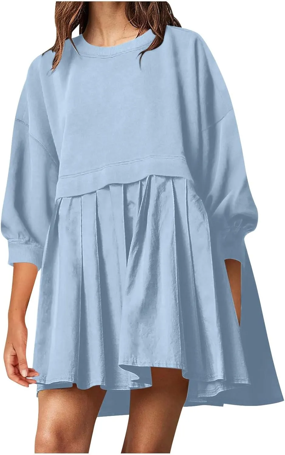 Babydoll Dresses Fall 2024 Long Sleeve Pleated A Line Swing Patchwork Lightweight Dress Crewneck Casual Mini Dresses
