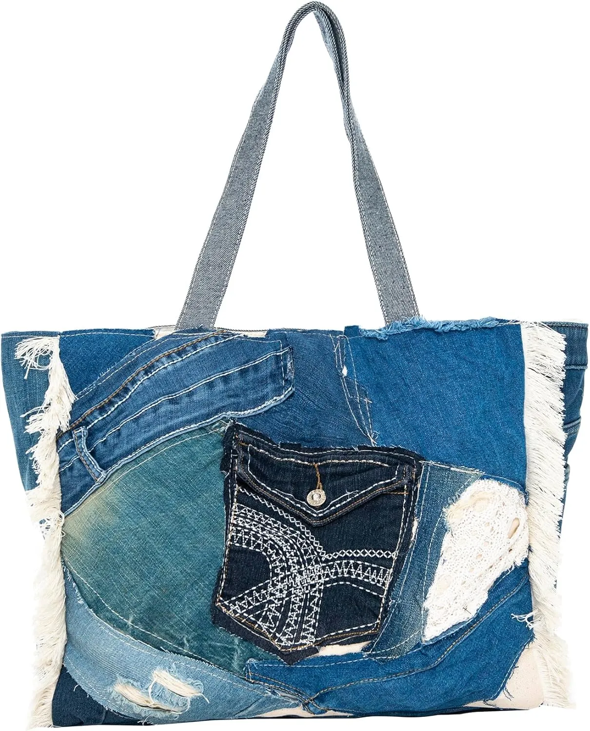 Back From Bali Womens Denim Patchwork Pocket Tote Bag Classic Lightweight Shoulder Boho Purse Handbag