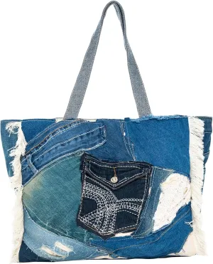 Back From Bali Womens Denim Patchwork Pocket Tote Bag Classic Lightweight Shoulder Boho Purse Handbag
