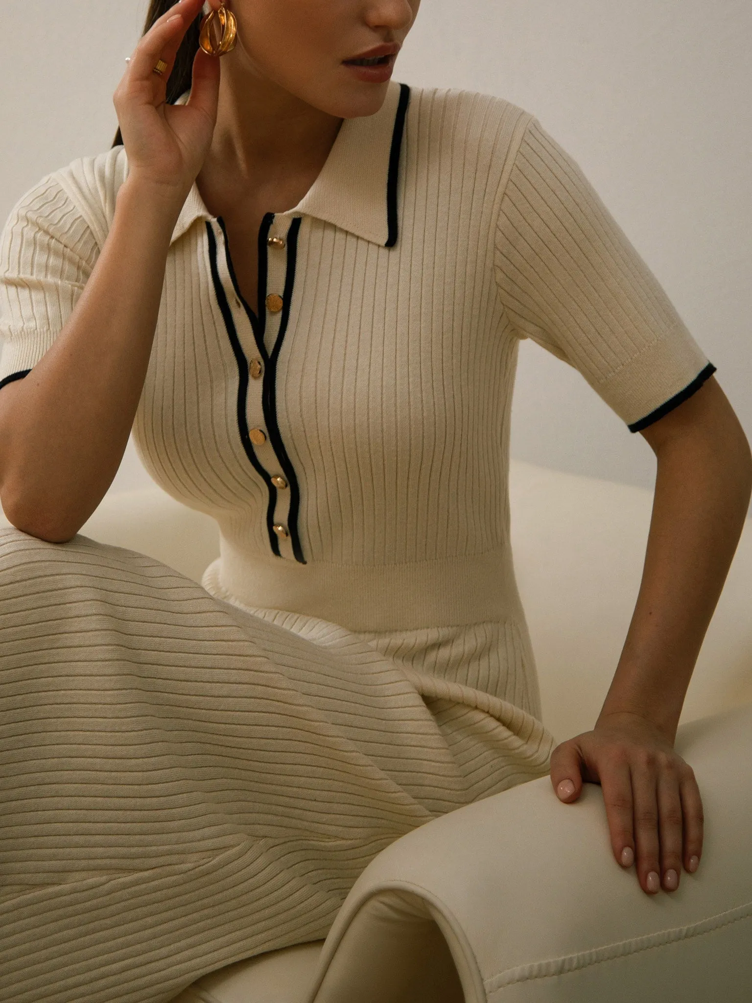 Back to School Knitted Midi Dress Contrast Color Summer Women Polo Collar Button Short Sleeve Bodycon Dress Lady Elegant Party Evening Dresses