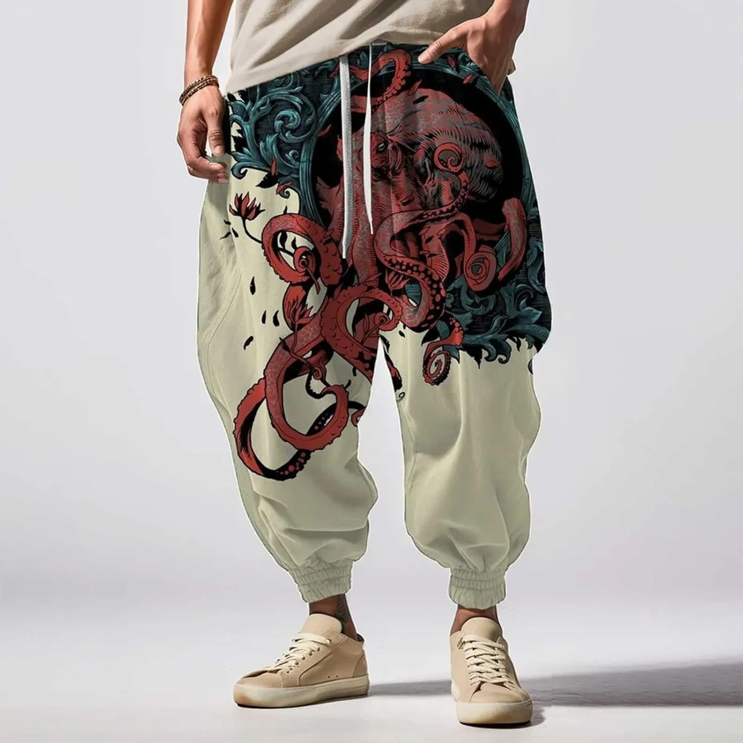 Baggy Wide Leg Pants Print Fashion Street Feel Casual Sweatpants Cargo Hippih Loose Fit Trousers Mens Harem Pants