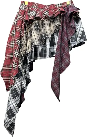 BAIMORE Women's Y2k High Waist Plaid Patchwork Tiered Pleated Asymmetrical Hem Mini Skirt