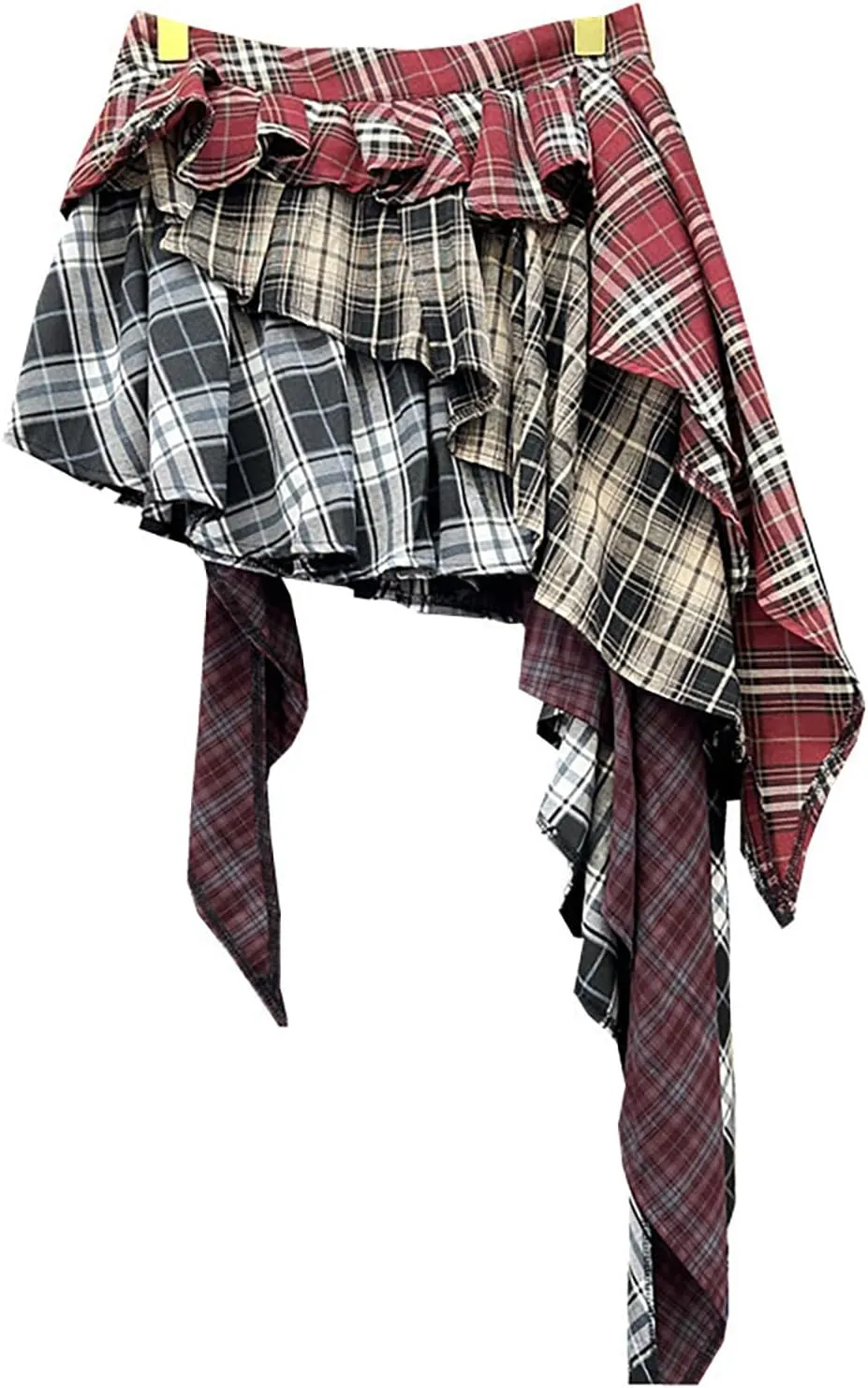 BAIMORE Women's Y2k High Waist Plaid Patchwork Tiered Pleated Asymmetrical Hem Mini Skirt