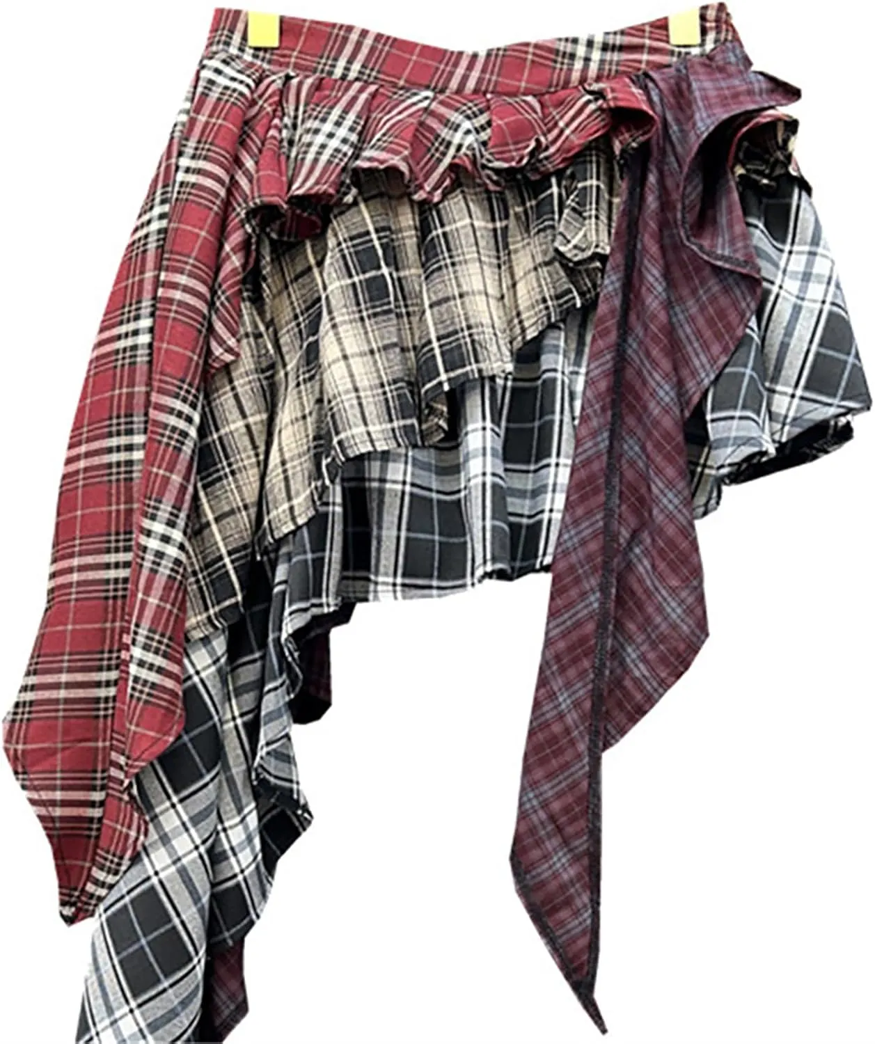 BAIMORE Women's Y2k High Waist Plaid Patchwork Tiered Pleated Asymmetrical Hem Mini Skirt