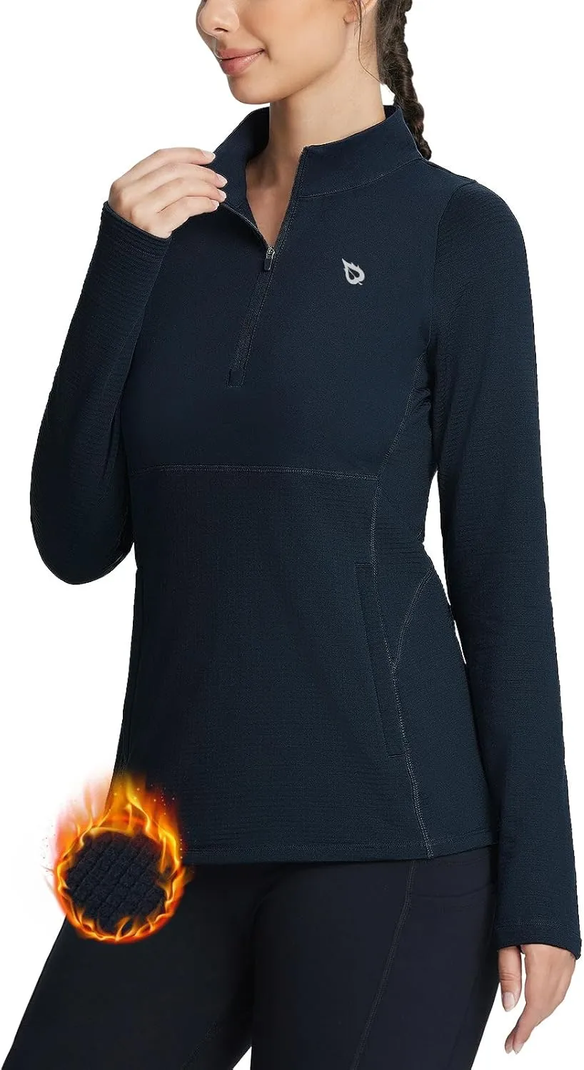 baleaf Women's Fleece Running Jackets Half Zip Pullover Thermal Shirts Athletic Cold Weather Gear Winter Zip Pockets Navy XXL