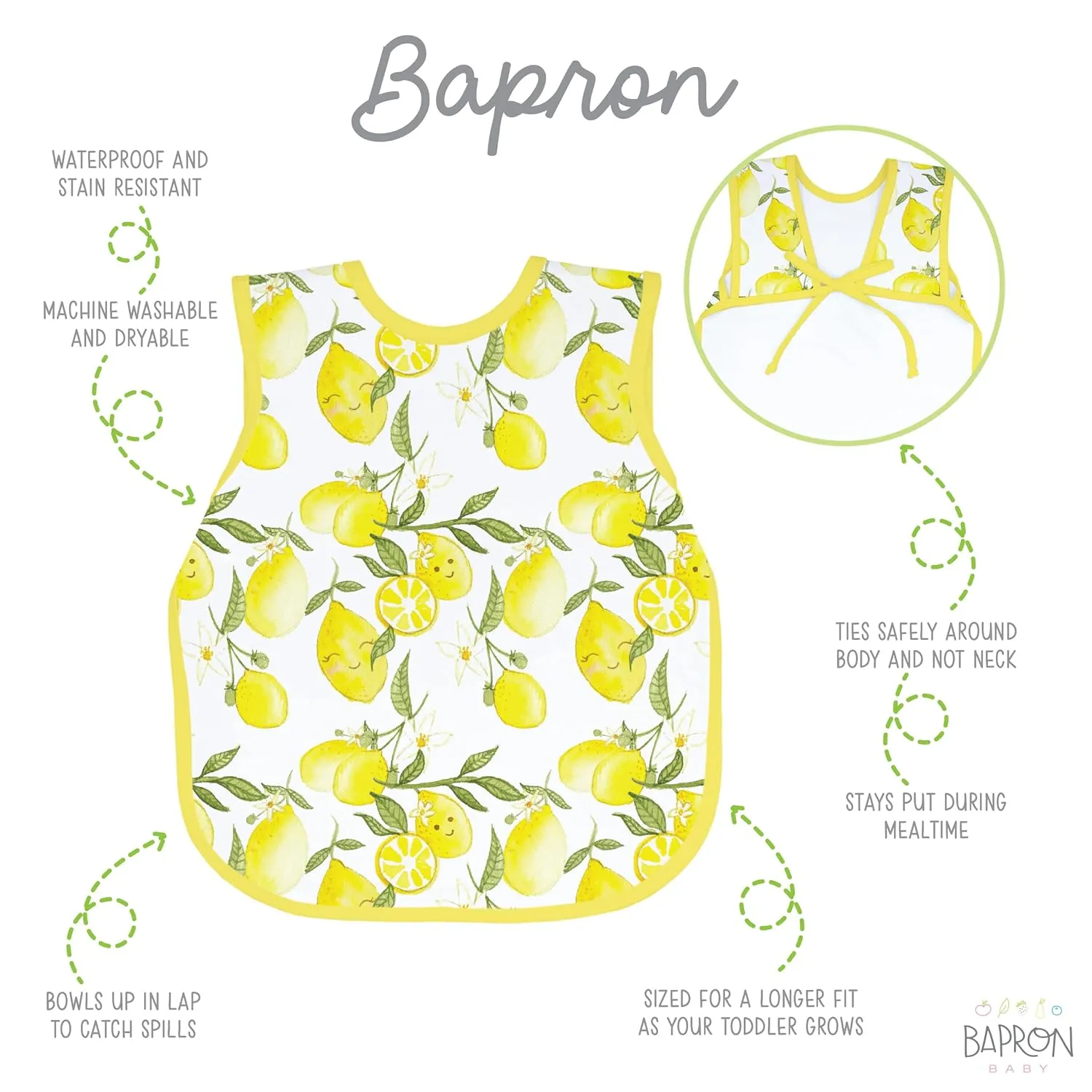 BapronBaby Fresh Lemon Bapron - No Neck Tie Safer Bib for Baby & Toddler - Soft Waterproof Stain Resistant - Machine Washable - Sz Baby/Toddler 6m-3T