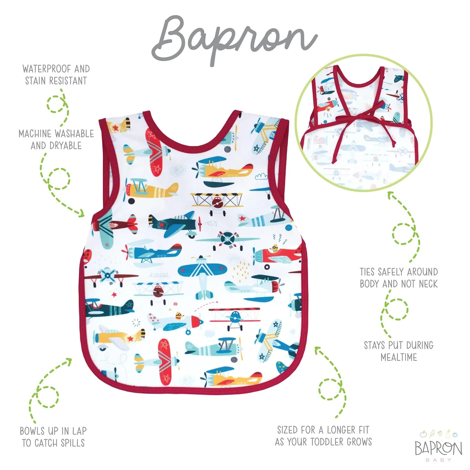 BapronBaby Retro Airplanes Bapron - No Neck Tie Safer Bib for Baby & Toddler - Soft Waterproof Stain Resistant - Machine Washable - Sz Preschool 3-5yrs