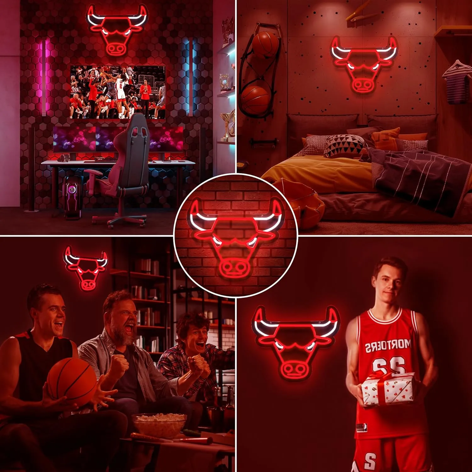 Basketball Team Neon Sign, Light Up Dimmable Bull Basketball Team Logo Hanging USB Powered Led Neon Sign Light for Wall Decor, Bedroom, Party, Man Cave, Birthday Christmas Gift for Chicago Fans