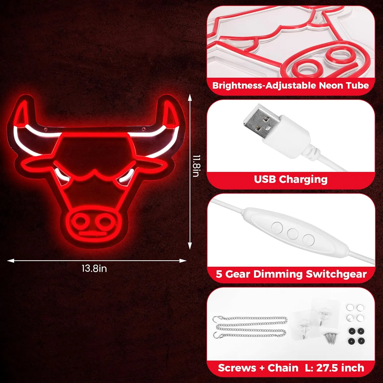 Basketball Team Neon Sign, Light Up Dimmable Bull Basketball Team Logo Hanging USB Powered Led Neon Sign Light for Wall Decor, Bedroom, Party, Man Cave, Birthday Christmas Gift for Chicago Fans