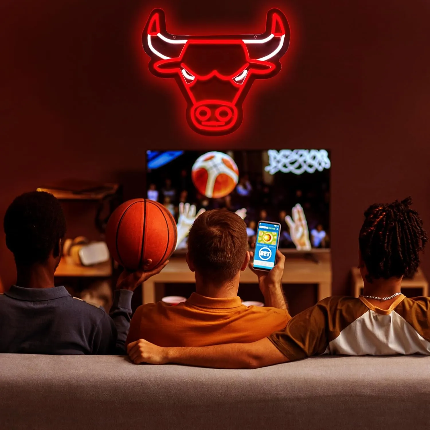 Basketball Team Neon Sign, Light Up Dimmable Bull Basketball Team Logo Hanging USB Powered Led Neon Sign Light for Wall Decor, Bedroom, Party, Man Cave, Birthday Christmas Gift for Chicago Fans
