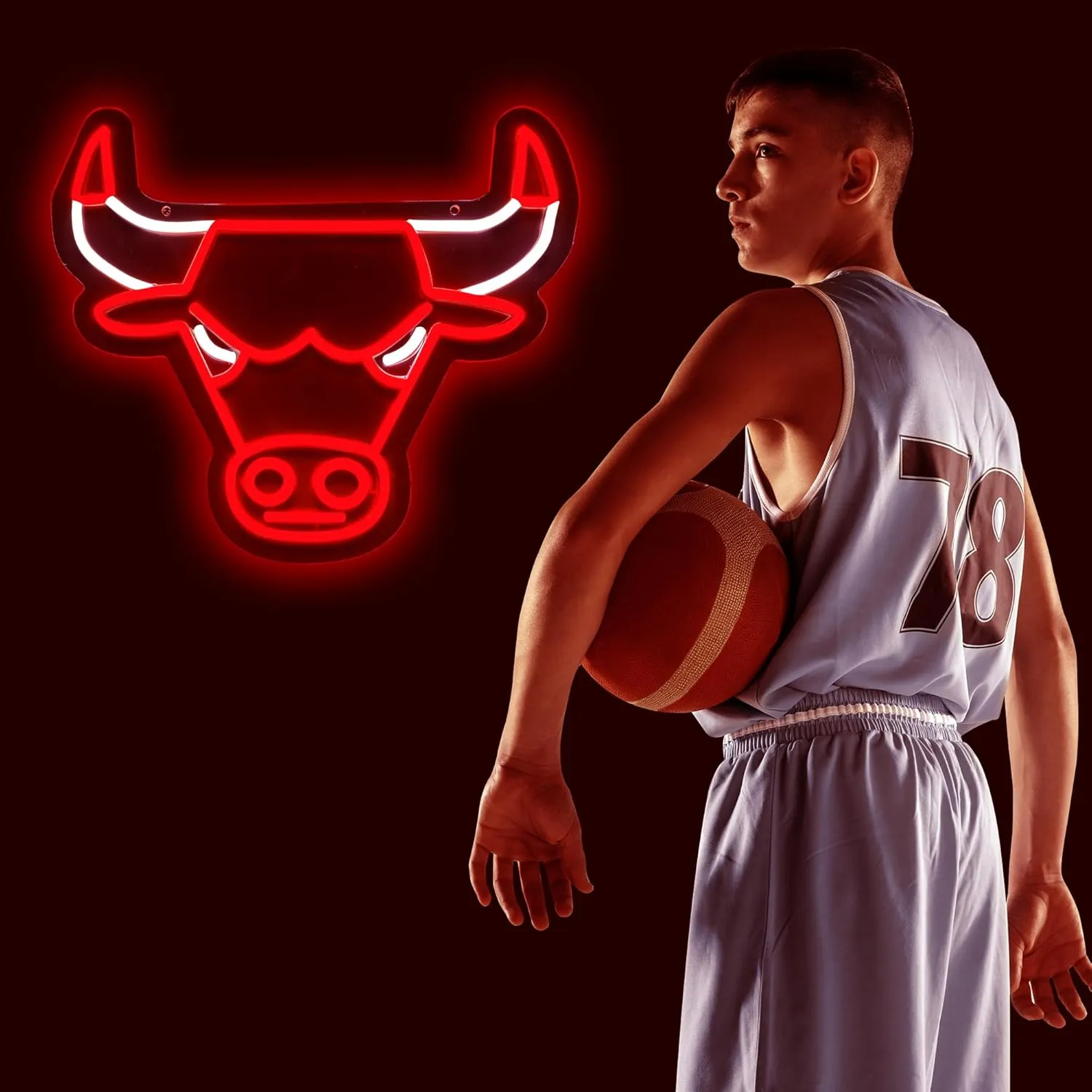 Basketball Team Neon Sign, Light Up Dimmable Bull Basketball Team Logo Hanging USB Powered Led Neon Sign Light for Wall Decor, Bedroom, Party, Man Cave, Birthday Christmas Gift for Chicago Fans