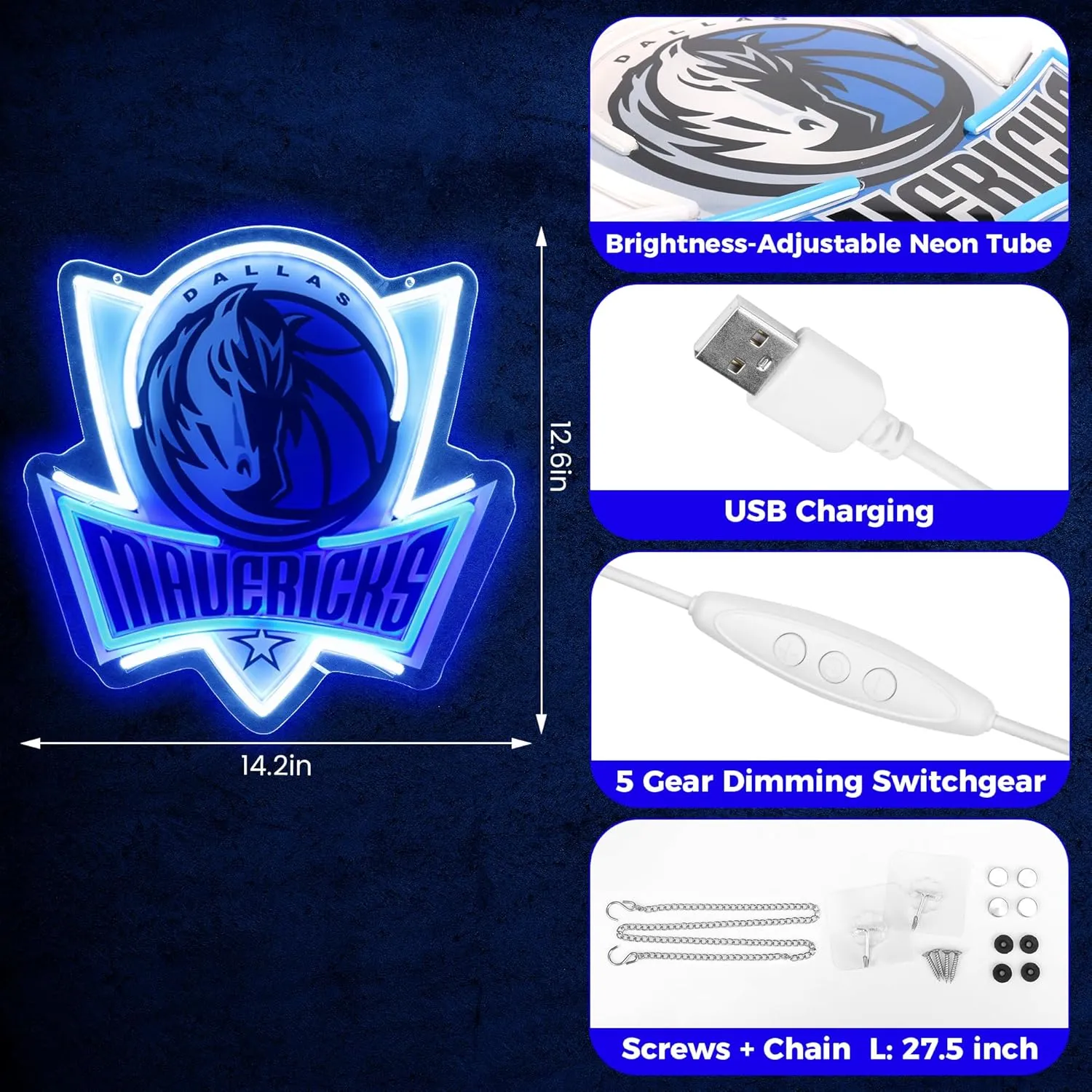 Basketball Team Neon Sign, Sport Light Up Dimmable Dallas Basketball Team Logo Hanging USB Powered Led Neon Sign for Wall Decor, Bedroom, Man Cave, Party, Birthday Christmas Gift for Dallas Fans