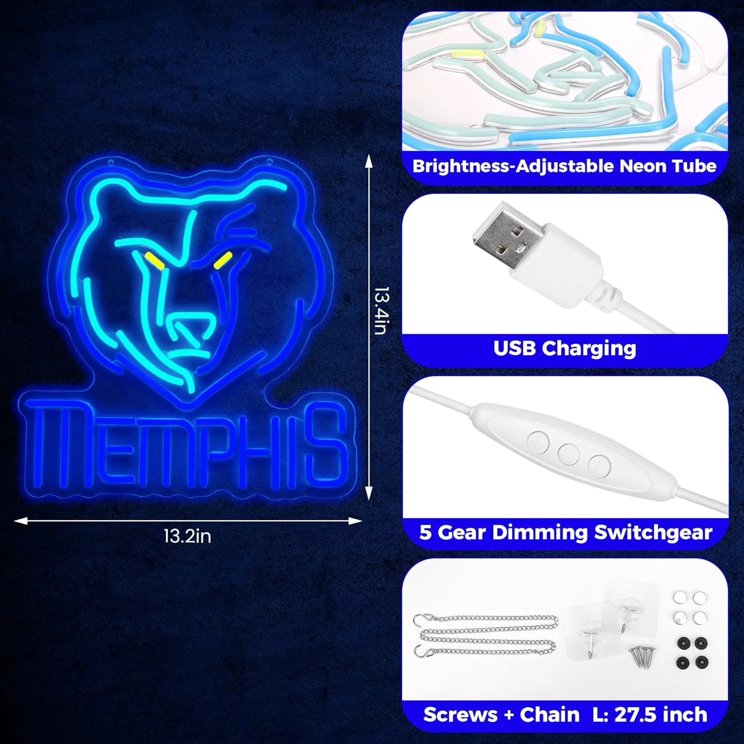Basketball Team Neon Sign, Sport Light Up Dimmable Memphis Basketball Team Logo Hanging USB Powered Led Neon Sign for Wall Decor, Bedroom, Man Cave, Party, Birthday Christmas Gift for Memphis Fans