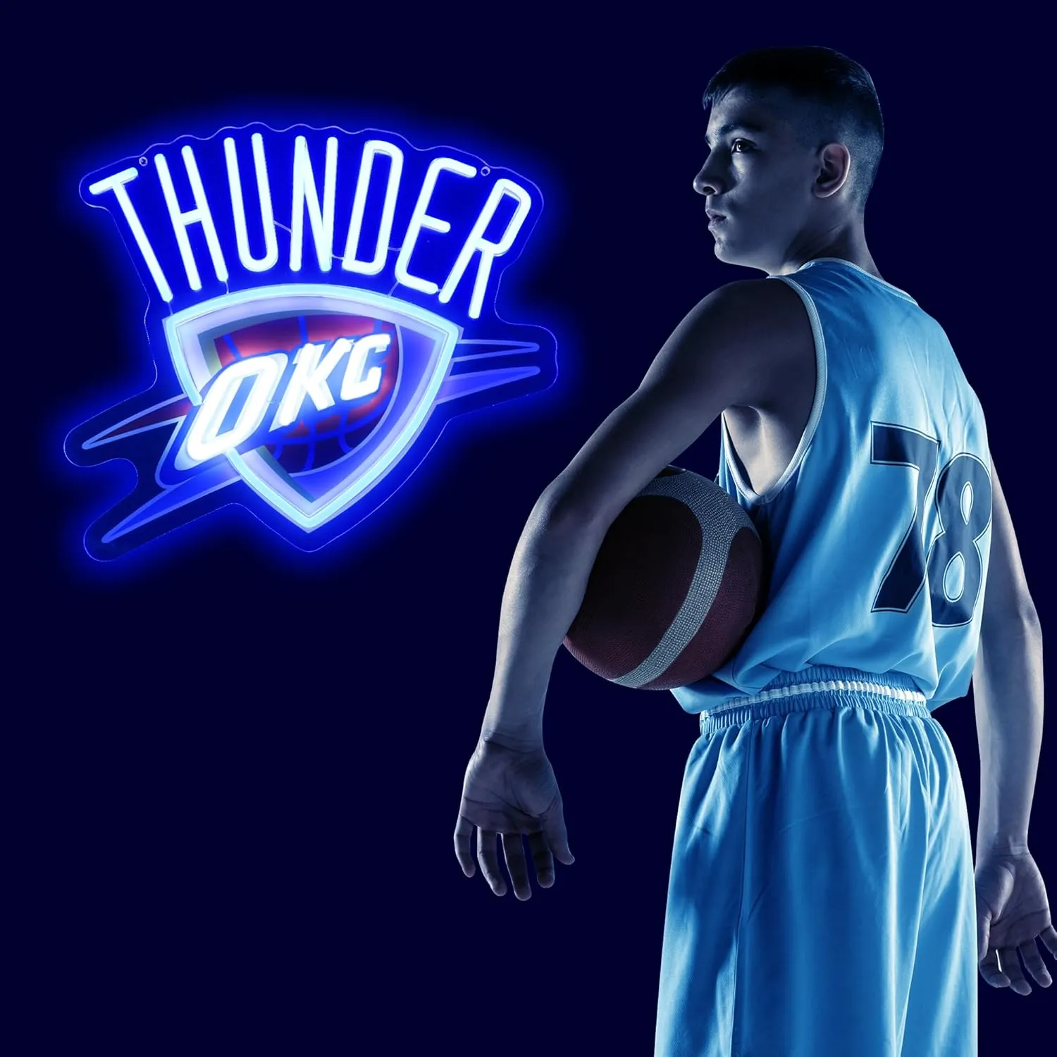 Basketball Team Neon Sign, Sport Light Up Dimmable OKC Basketball Team Logo Hanging USB Powered Led Neon Sign for Wall Decor, Bedroom, Man Cave, Party, Birthday Christmas Gift for Oklahoma City Fans