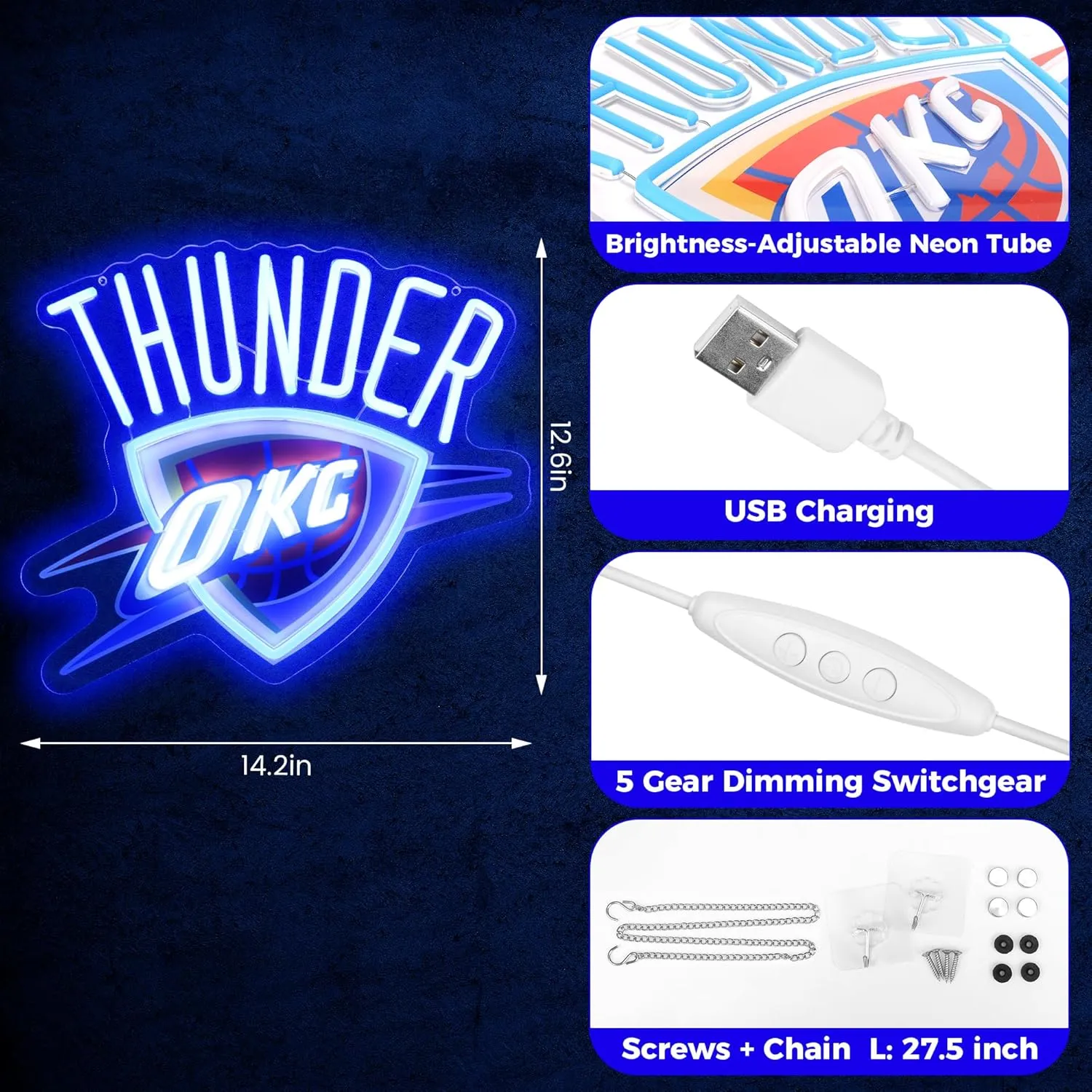Basketball Team Neon Sign, Sport Light Up Dimmable OKC Basketball Team Logo Hanging USB Powered Led Neon Sign for Wall Decor, Bedroom, Man Cave, Party, Birthday Christmas Gift for Oklahoma City Fans