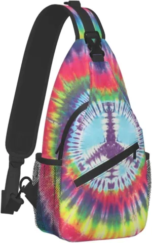 bassyil Tie Dye Peace Sign Rainbow Sling Bag Crossbody Travel Hiking Chest Backpack Shoulder Daypack for Women Men