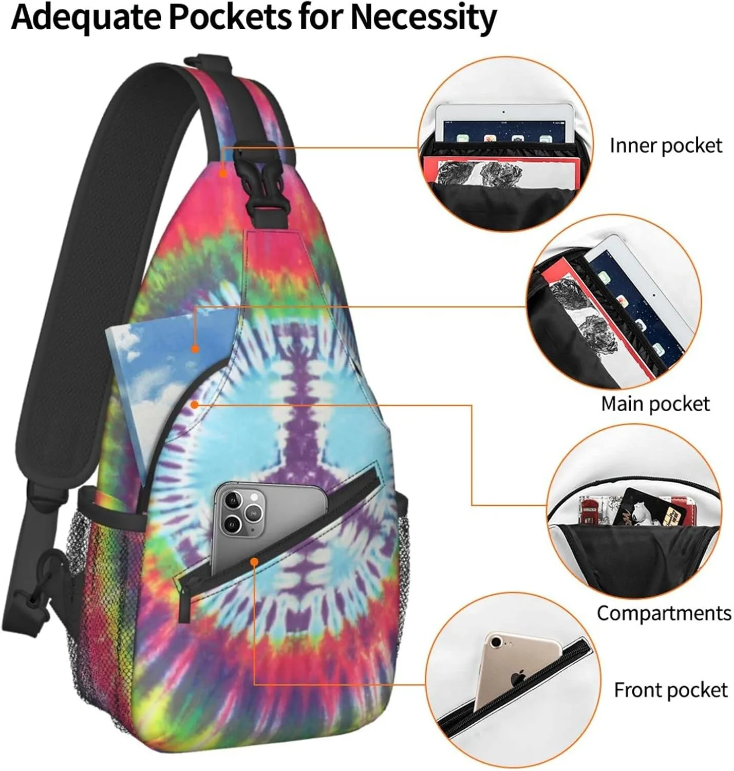 bassyil Tie Dye Peace Sign Rainbow Sling Bag Crossbody Travel Hiking Chest Backpack Shoulder Daypack for Women Men