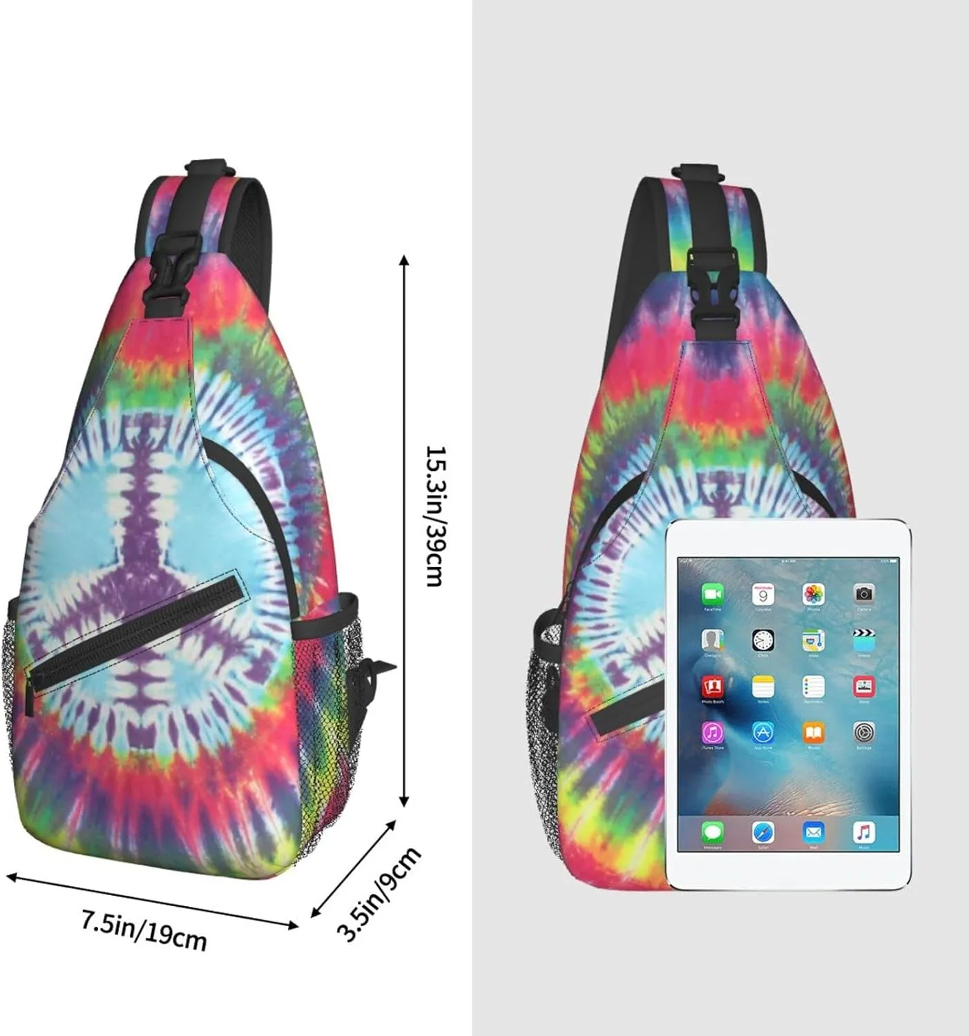 bassyil Tie Dye Peace Sign Rainbow Sling Bag Crossbody Travel Hiking Chest Backpack Shoulder Daypack for Women Men