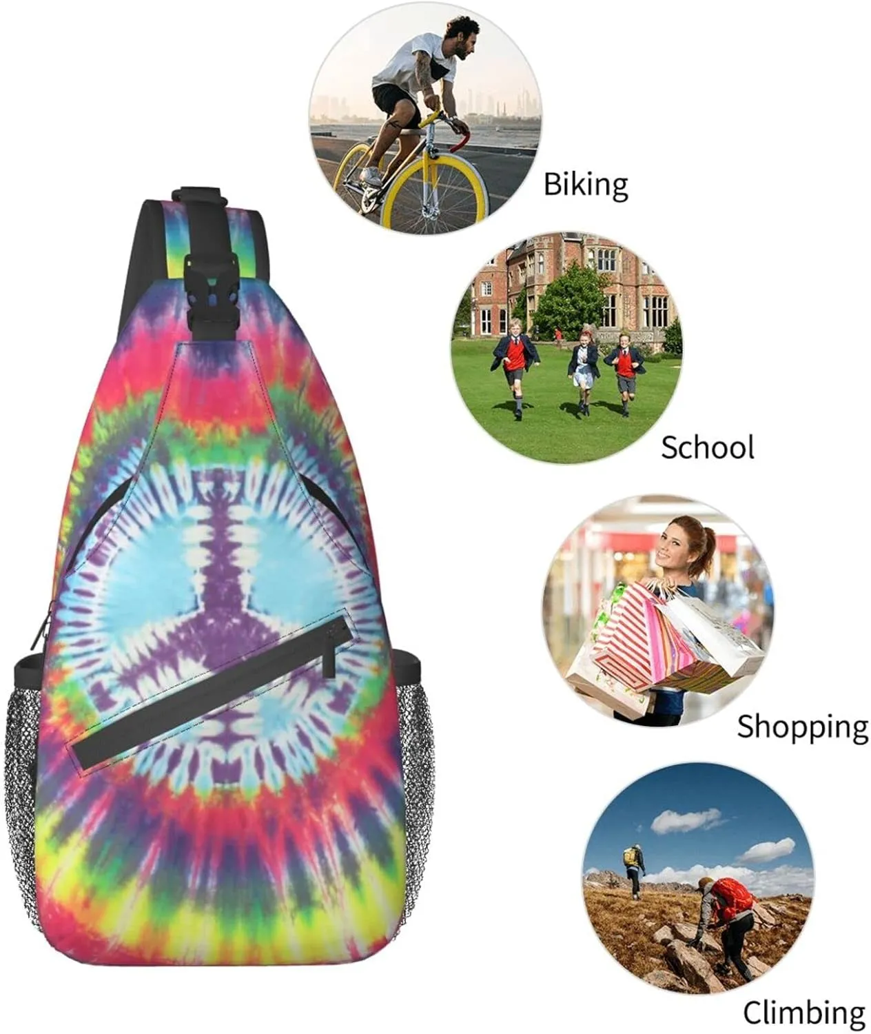 bassyil Tie Dye Peace Sign Rainbow Sling Bag Crossbody Travel Hiking Chest Backpack Shoulder Daypack for Women Men
