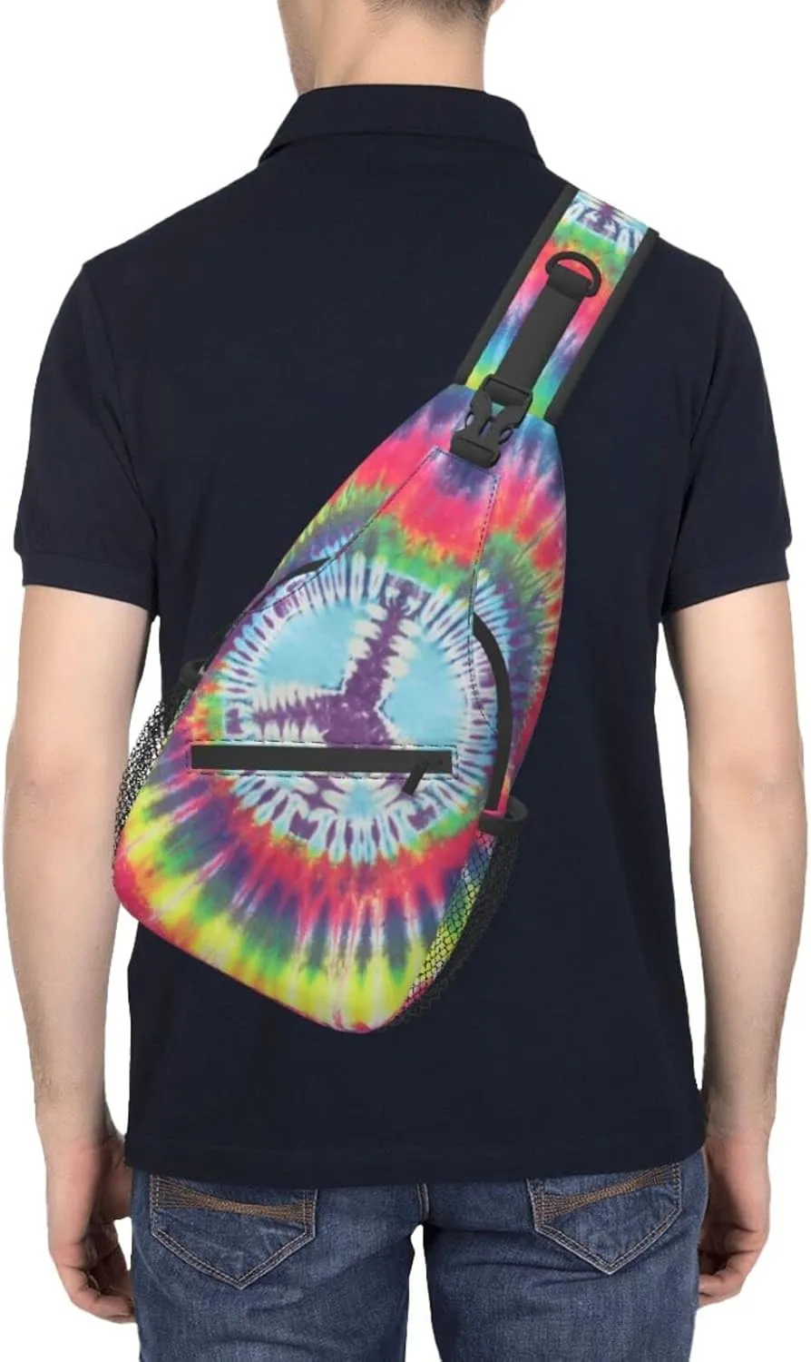bassyil Tie Dye Peace Sign Rainbow Sling Bag Crossbody Travel Hiking Chest Backpack Shoulder Daypack for Women Men