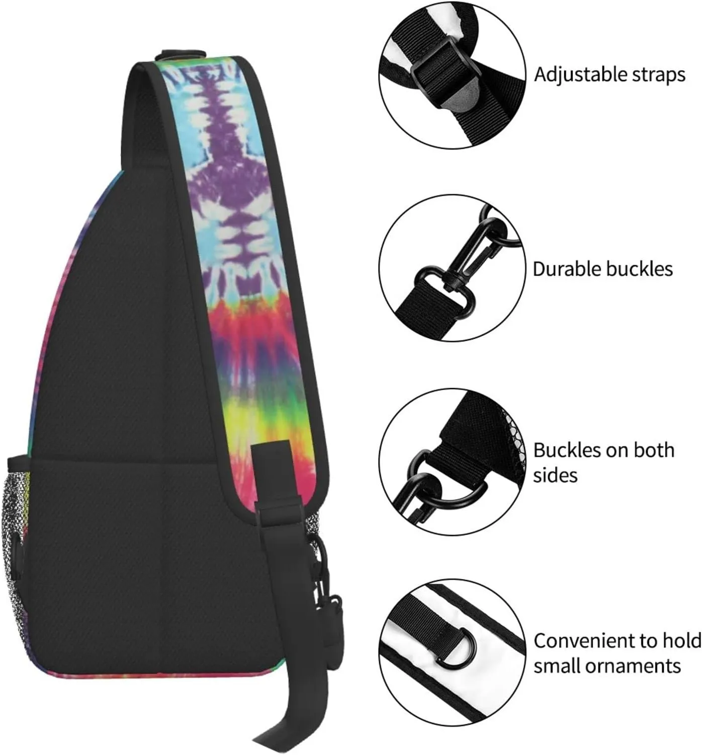 bassyil Tie Dye Peace Sign Rainbow Sling Bag Crossbody Travel Hiking Chest Backpack Shoulder Daypack for Women Men