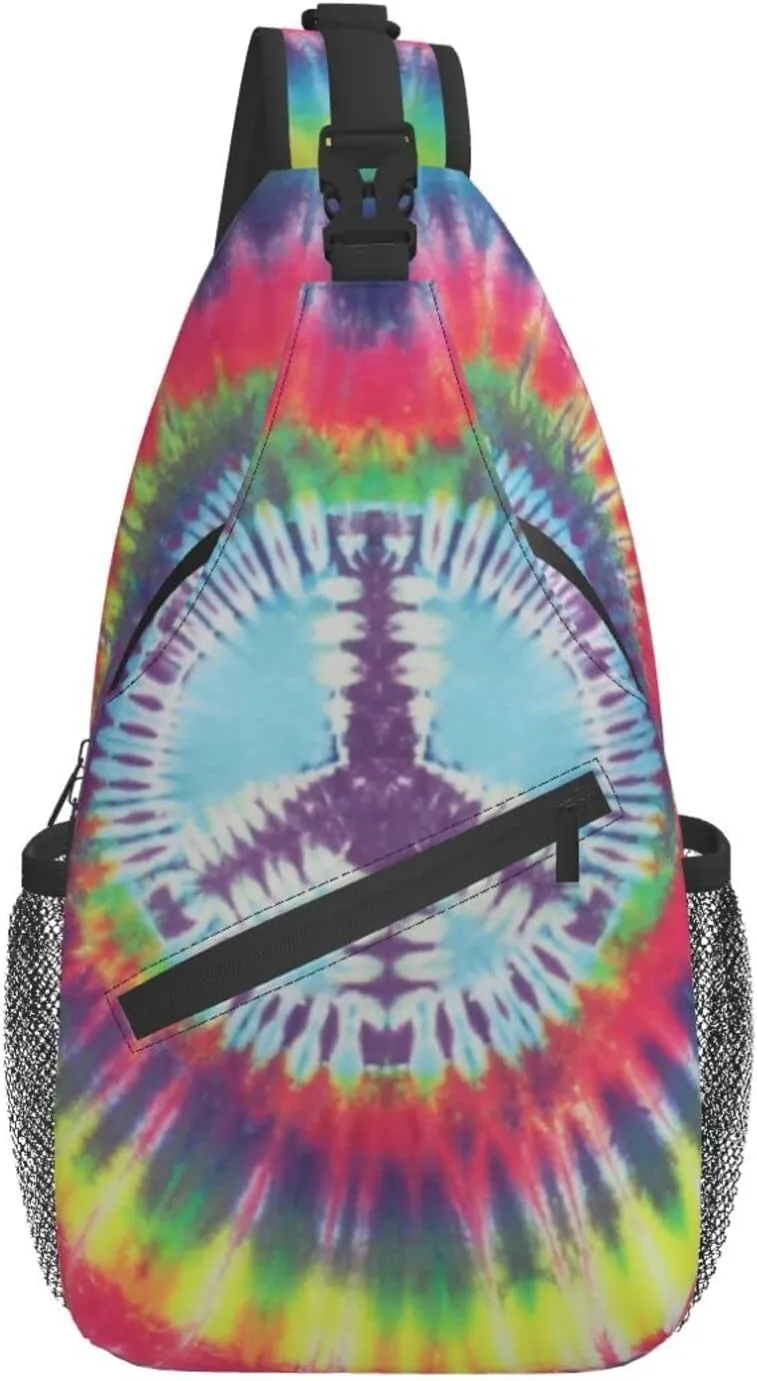 bassyil Tie Dye Peace Sign Rainbow Sling Bag Crossbody Travel Hiking Chest Backpack Shoulder Daypack for Women Men