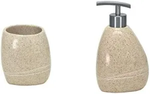Bathroom Accessories Set - 2 Pieces - Stones Bathroom Tumbler and Soap Dispenser - Durable Polyresin - The Look and Weight of Smooth Polished Granite - Sand Beige.