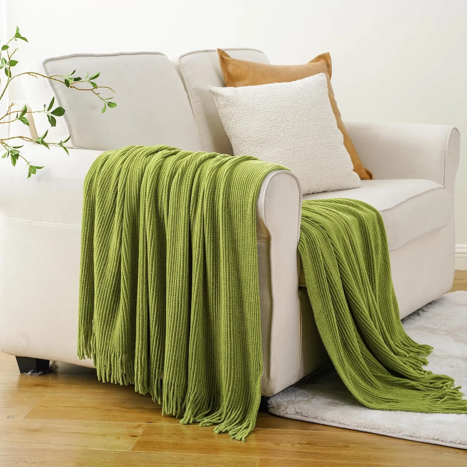 BATTILO HOME Apple Green Throw Blanket for Couch, Soft Chenille Knit Throws with Tassels for Home Decor, Spring Green Throws for Couch Cover, 50"x60"