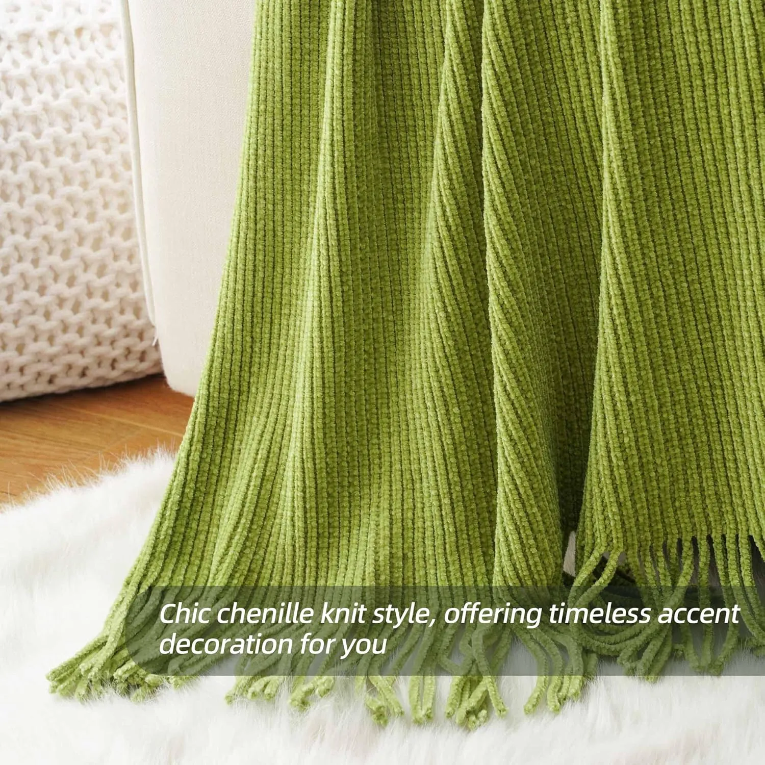 BATTILO HOME Apple Green Throw Blanket for Couch, Soft Chenille Knit Throws with Tassels for Home Decor, Spring Green Throws for Couch Cover, 50"x60"