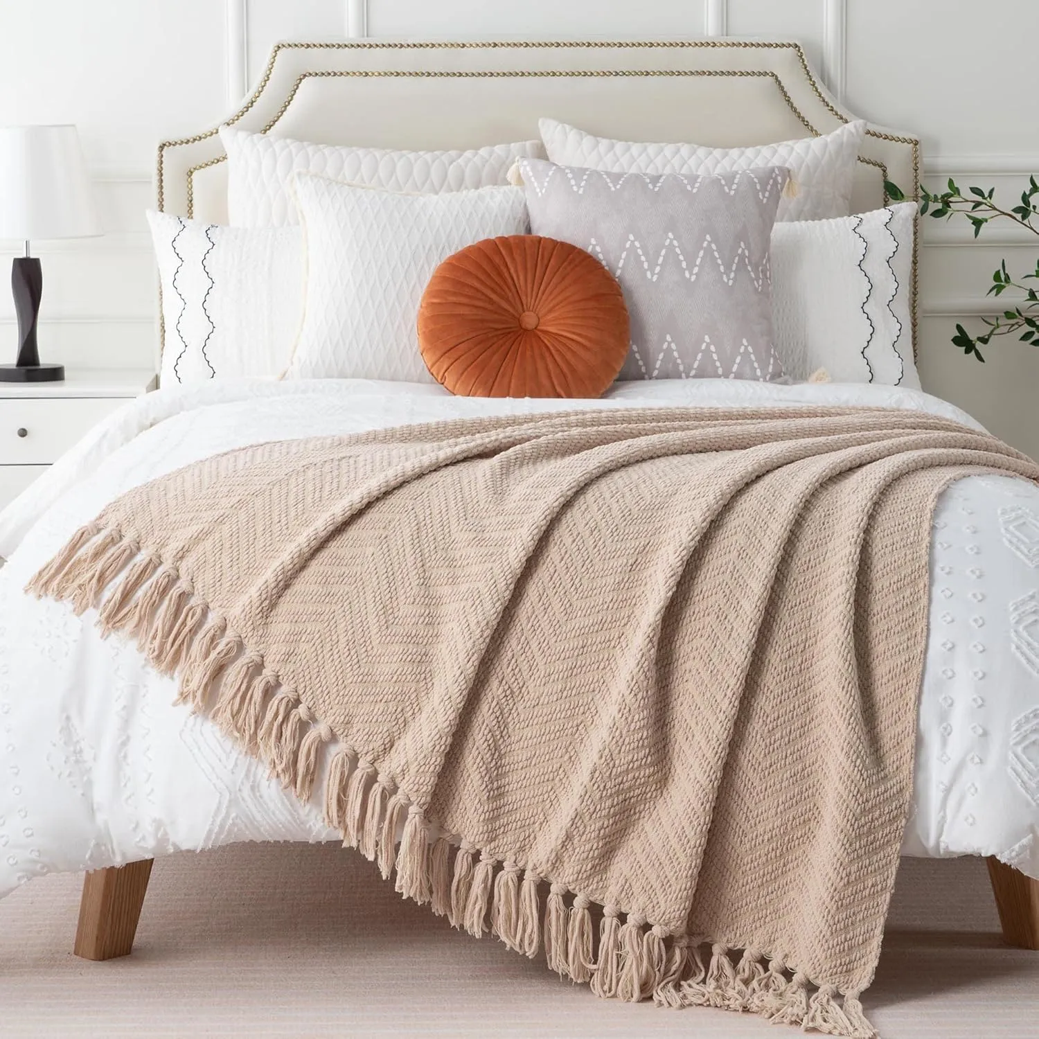 BATTILO HOME Beige Throw Blanket for Couch, Knitted Beige Blanket for Bed, Neutral Throw Blanket Warm Decorative Tan Throw Blankets for Sofa Living Room, 50" x 60"