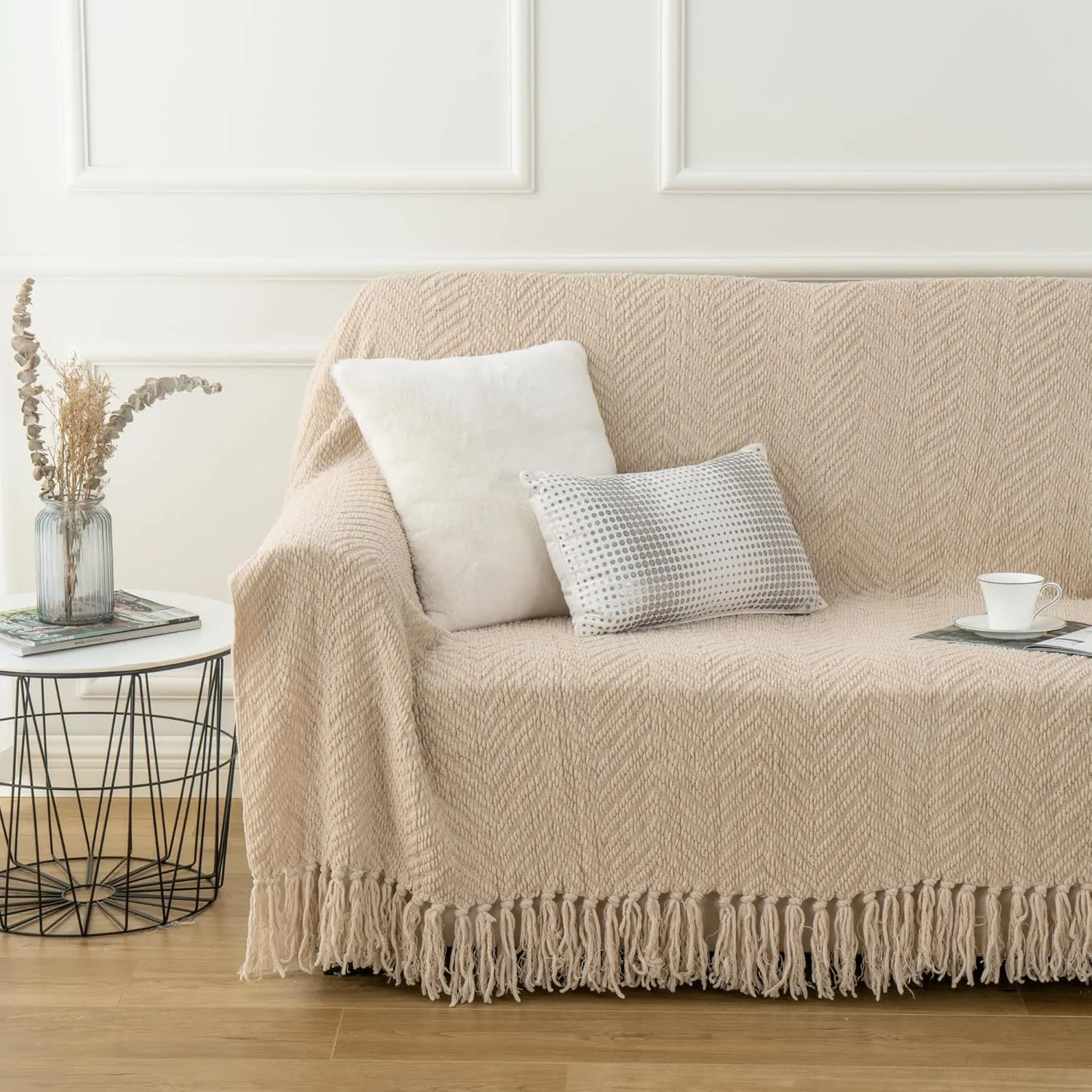 BATTILO HOME Beige Throw Blanket for Couch, Knitted Beige Blanket for Bed, Neutral Throw Blanket Warm Decorative Tan Throw Blankets for Sofa Living Room, 50" x 60"