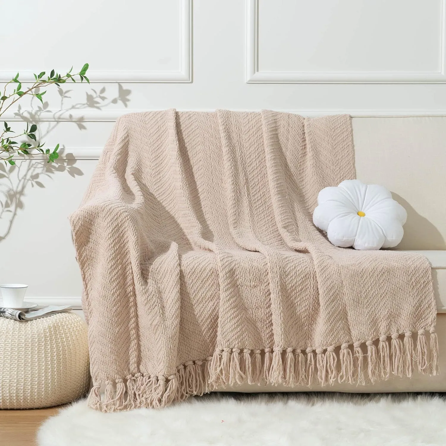 BATTILO HOME Beige Throw Blanket for Couch, Knitted Beige Blanket for Bed, Neutral Throw Blanket Warm Decorative Tan Throw Blankets for Sofa Living Room, 50" x 60"