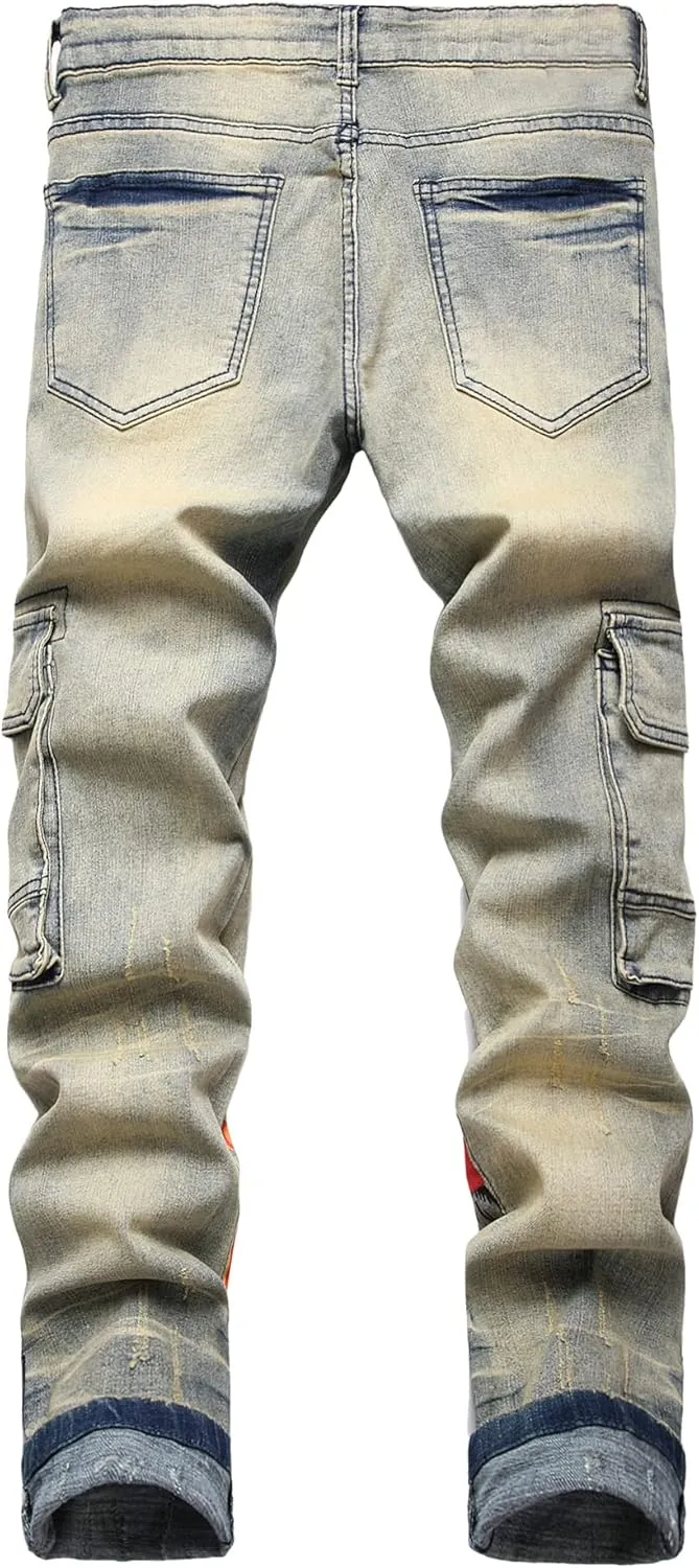 Baylvn Men's Designer Straight Slim Fit Patchwork Jeans Comfort Skinny Biker Denim Pants