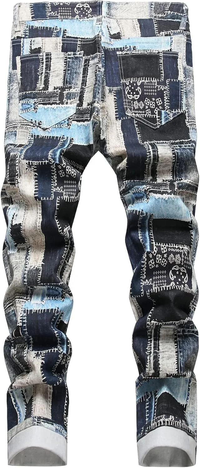 Baylvn Men's Designer Straight Slim Fit Patchwork Jeans Comfort Skinny Biker Denim Pants