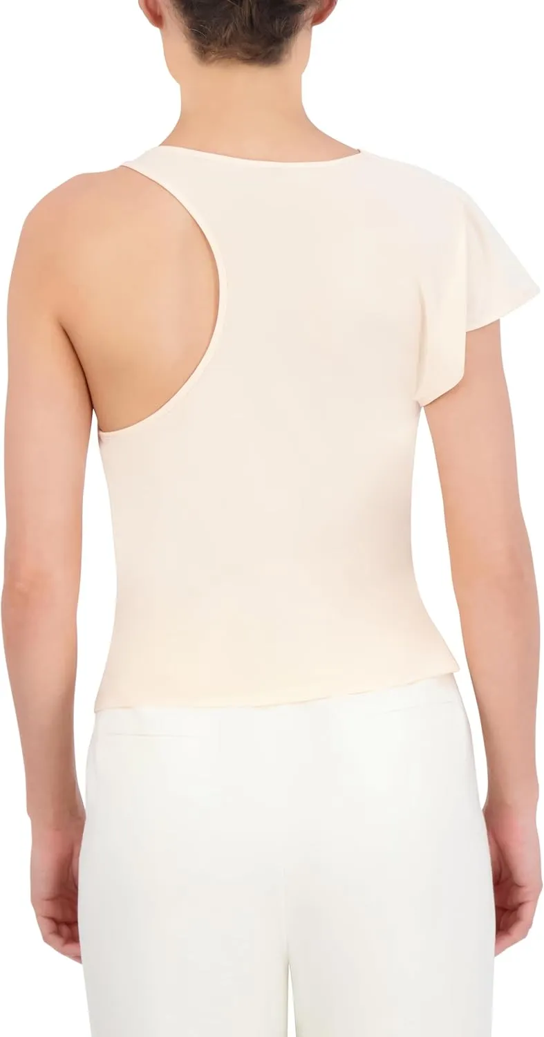 BCBGMAXAZRIA Women's Cowl Neck Asymmetrical Drape Knit Top with Flutter Cap Sleeves