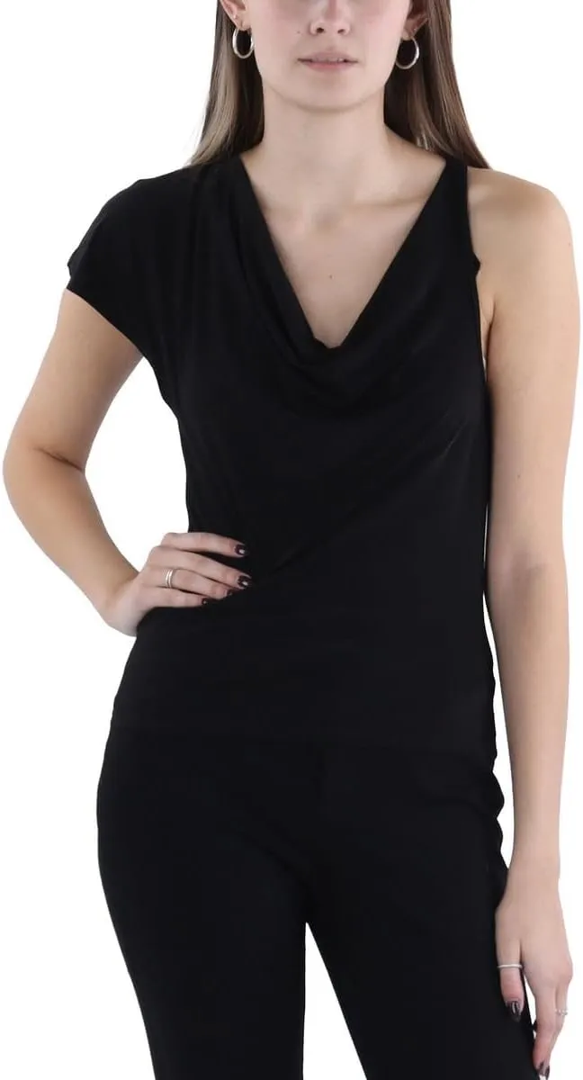 BCBGMAXAZRIA Women's Cowl Neck Asymmetrical Drape Knit Top with Flutter Cap Sleeves