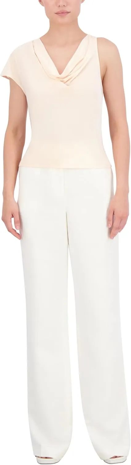 BCBGMAXAZRIA Women's Cowl Neck Asymmetrical Drape Knit Top with Flutter Cap Sleeves
