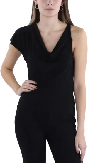 BCBGMAXAZRIA Women's Cowl Neck Asymmetrical Drape Knit Top with Flutter Cap Sleeves